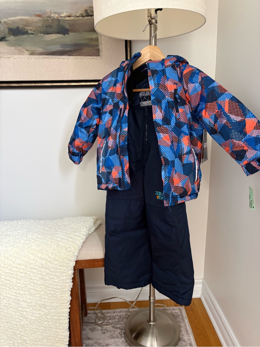 Brand New Kids Blue & Orange Geometric Hooded Winter Jacket and Snow Pants Set